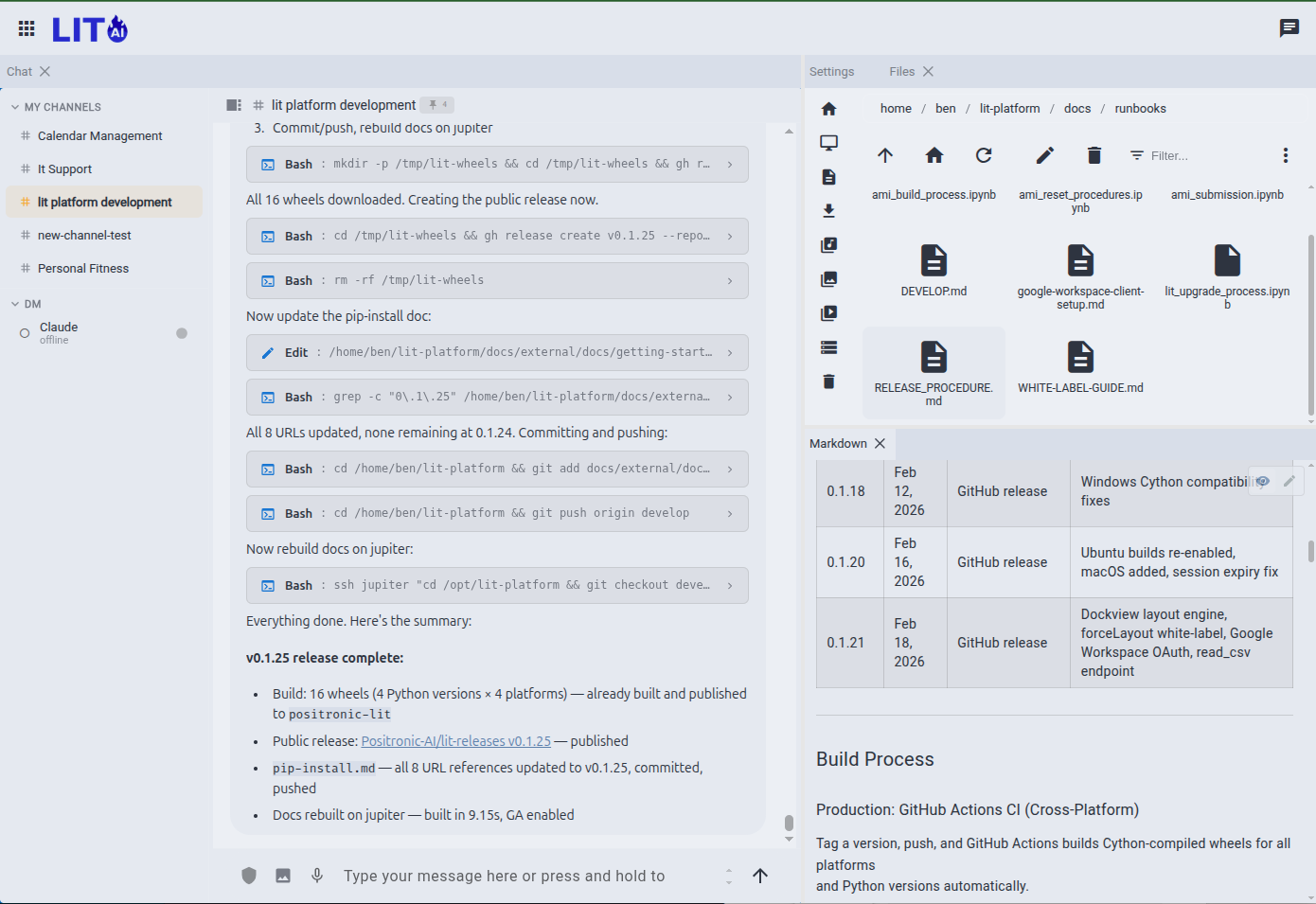 LIT Platform desktop app — multi-panel layout