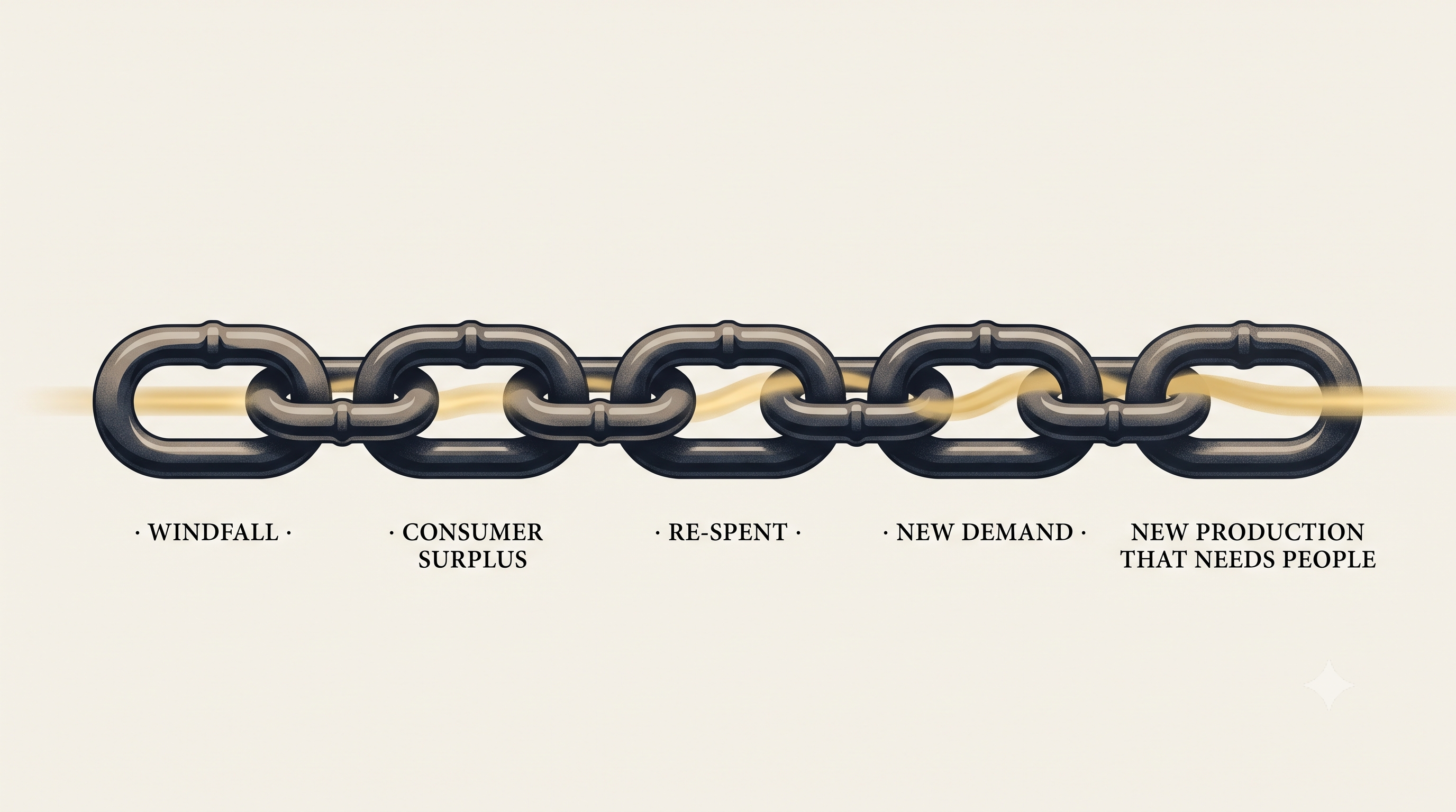 How it ran twice before — the value flows through all five links, and a new floor opens. A five-link iron chain, every link whole and interlocked, with a golden stream of value flowing through all of them and off the end